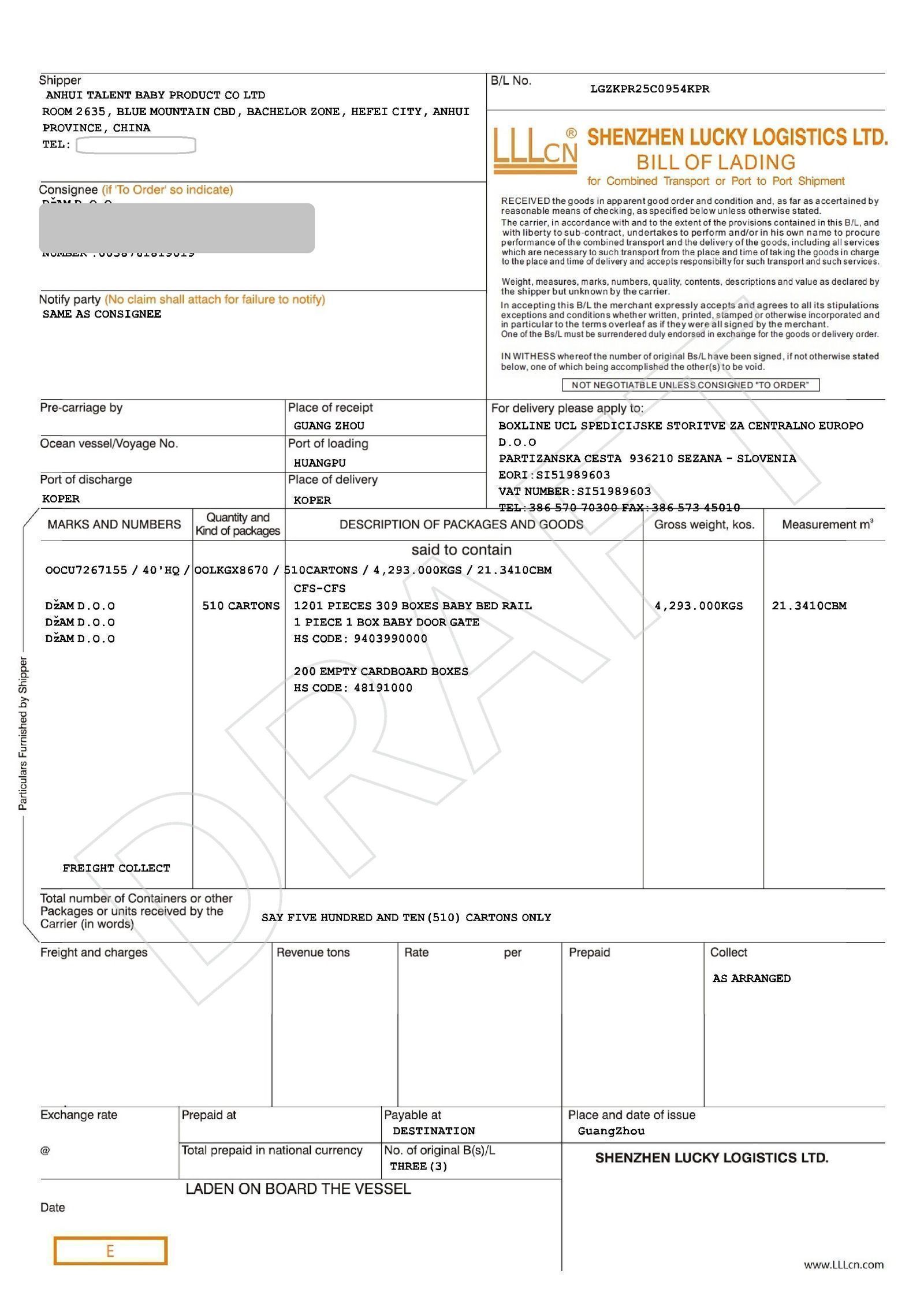 Bill of lading document for Australia shipment